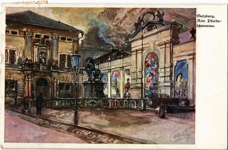 Salzburg, Alte Pferdeschwemme, Postkartenzentrale Ferd. Morawetz / horse bath, artist signed (EK)