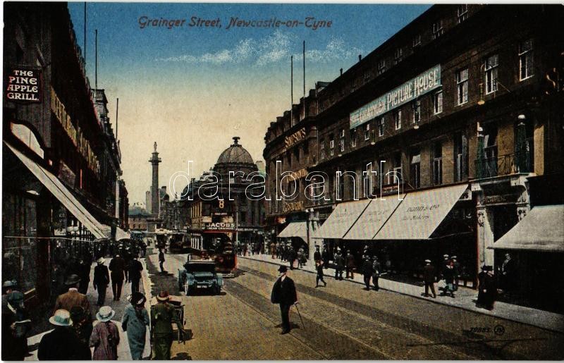Newcastle-on-Tyne, Grainger Street; The Pineapple Grill, Simpson's Continental Restaurant, The Grainger Picture House, Dudd & Co. Hat Makers, tram, automobile