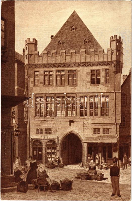 Frankfurt am Main, Das Steinerne Haus im Jahre 1845 / medieval house, Grand Hotel Frankfurter Hof advertisement on the backside