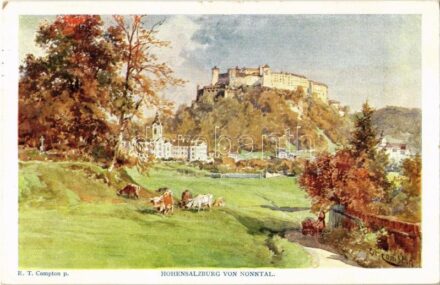 1915 Salzburg, Hohensalzburg von Nonntal / castle, valley, Künstlerpostkarte 'Kollektion Kerber' Nr. 42. s: E. T. Compton