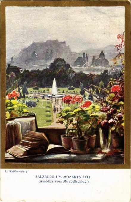1915 Salzburg um Mozarts Zeit, Ausblick vom Mirabellschloss / view from Mirabell Palace, golden decoration, Künstlerpostkarte 'Kollektion Kerber' Nr. 13. s: L. Reiffenstein