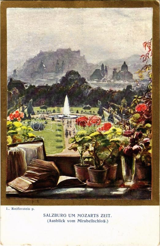 1915 Salzburg um Mozarts Zeit, Ausblick vom Mirabellschloss / view from Mirabell Palace, golden decoration, Künstlerpostkarte 'Kollektion Kerber' Nr. 13. s: L. Reiffenstein