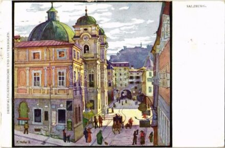 1915 Salzburg, Dreifaltigkeitskirche und Sauterbogen / church, passageway, Künstlerpostkarte 'Kollektion Kerber' Nr. 48. s: K. Hofer (small tear)