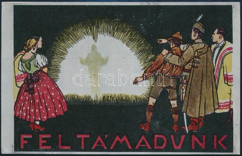 cca 1925 'Feltámadunk' - irredenta témájú kép fém lemezre nyomtatva, 9×14 cm