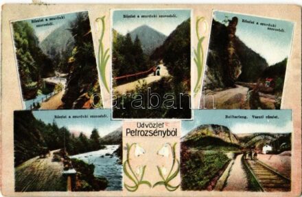 1915 Petrozsény, Petrosani; részletek a Szurduk-szorosból, Boli barlang, vasútvonal és alagút. Kiadja Muntyán Tivadar / Pasul Surduc, Pestera Bolii / Surduc Pass, mountain pass, railway line and tunnel near Bolia cave. Art Nouveau