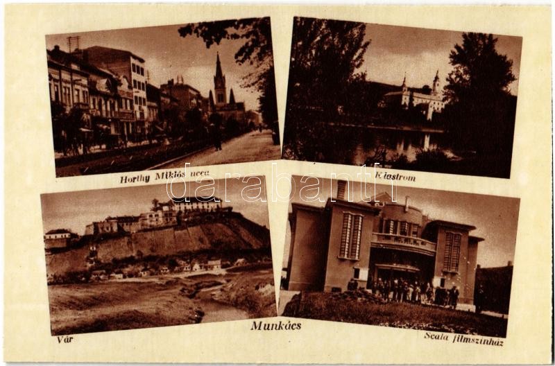 Munkács, Mukacheve, Mukacevo; Horthy Miklós utca, klastrom, vár, Scala filmszínház / street, monastery, castle, cinema