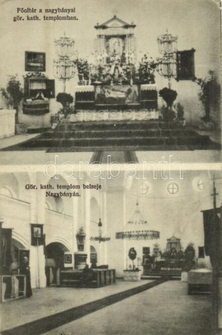 Nagybánya, Baia Mare; Görög katolikus templom, belső, főoltár. Kovács Gyula kiadása / Greek Catholic church interior, main altar (kis szakadás / small tear)
