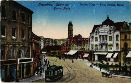 Nagyvárad, Oradea; Bémer tér, villamos, Neumann M. és Erdős és Grünfeld üzlete / Piata Regina Maria / square, tram, shops