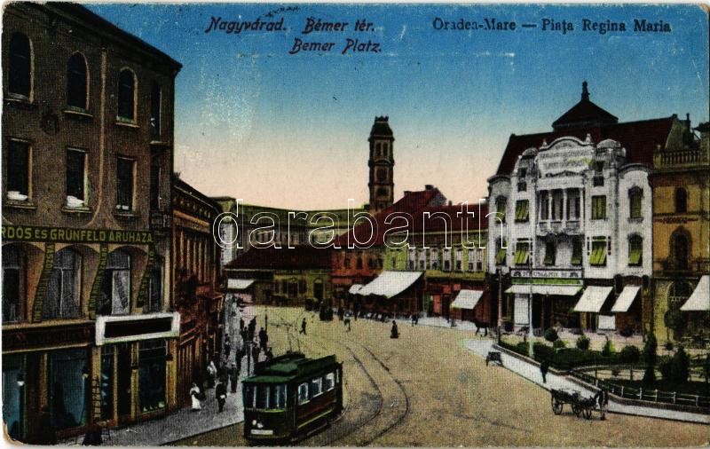 Nagyvárad, Oradea; Bémer tér, villamos, Neumann M. és Erdős és Grünfeld üzlete / Piata Regina Maria / square, tram, shops
