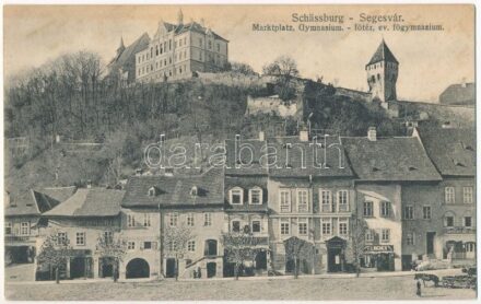 Segesvár, Schässburg, Sighisoara; Fő tér, Evangélikus főgimnázium, Franz Wohl, E. Gutt, F. Lingner üzlete, Stenbrucher sörcsarnoka. H. Zeidner / main square, grammar school, shops, Bier Quelle beer hall