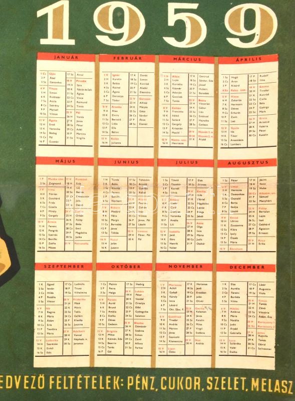 1959 Gönczi-Gebhardt Tibor (1902-1994): Cukorrépatermelők naptára - Kössön szerződést a cukorrépatermelésre! plakát, hajtott, javított, a sarkán hiánnyal, 48×66 cm - Image 2