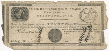 Franciaország / Rouen 1797-1803. 20Fr 'annulé (érvénytelen)' felülbélyegzéssel T:IV France Rouen 1797-1803. 20 Francs 'annulé (cancelled)' C:G Krause#S245a