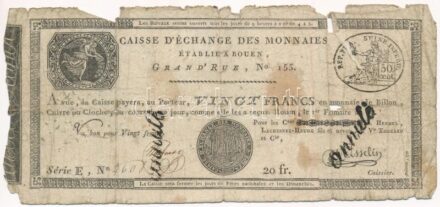 Franciaország / Rouen 1797-1803. 20Fr 'annulé (érvénytelen)' felülbélyegzéssel T:IV France Rouen 1797-1803. 20 Francs 'annulé (cancelled)' C:G Krause#S245a