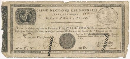 Franciaország / Rouen 1797-1803. 20Fr 'annulé (érvénytelen)' felülbélyegzéssel T:IV France Rouen 1797-1803. 20 Francs 'annulé (cancelled)' C:G Krause#S245a