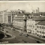 1942 Bucharest, Bucuresti; Universitate / university, trams, automobiles + 'Oberkommando der Wehrmacht Geprüft' (glue marks)