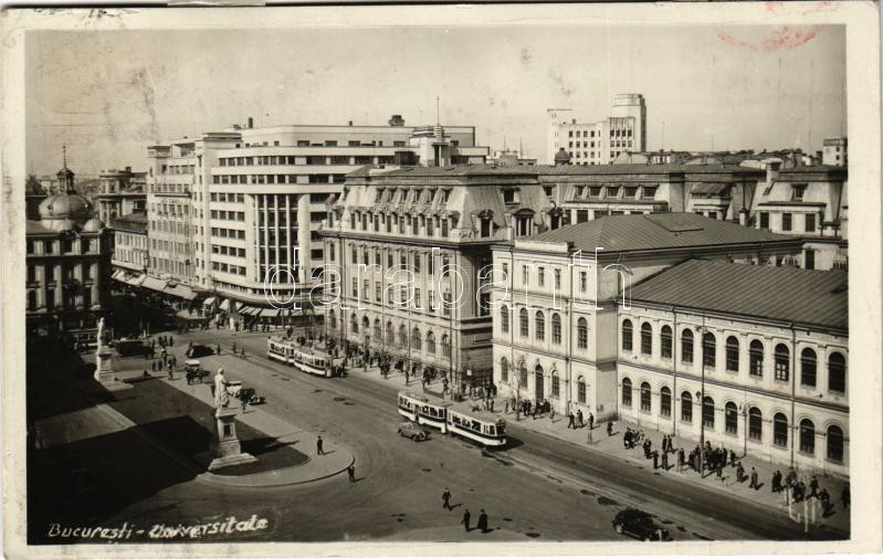 1942 Bucharest, Bucuresti; Universitate / university, trams, automobiles + 'Oberkommando der Wehrmacht Geprüft' (glue marks)