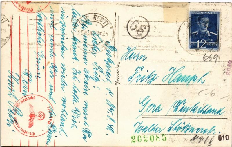 1942 Bucharest, Bucuresti; Universitate / university, trams, automobiles + 'Oberkommando der Wehrmacht Geprüft' (glue marks) - Image 2