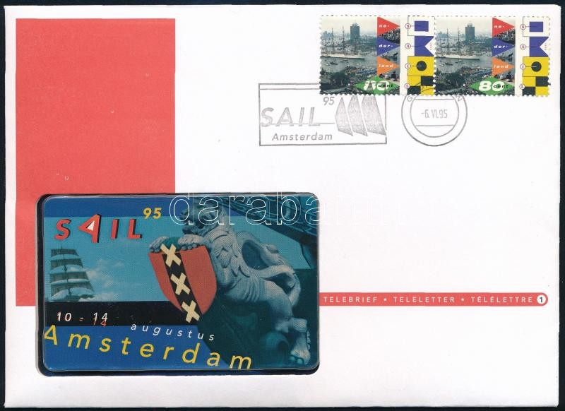 1995 Amsterdam Sail, holland telefonkártya, 1995. aug., 1. számú sorszámmal, első kiadású telefonkártya, bélyeges borítékon