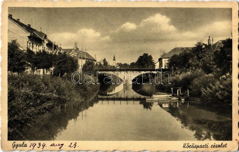 1939 Gyula, Körös-part, híd, csónakok (EB)