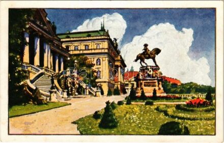 Budapest I. Királyi várkert Jenő főherceg szobrával. Szénásy Béla kiadása (EB)