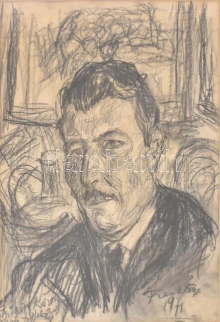 Frank Frigyes (1890-1976): Pereházy Károly művészettörténész portréja, 1971. Szén, ceruza, papír, jelzett. Autográf ajándékozási sorokkal: '(...) Károlynak őszinte tisztelettel.' Üvegezett fa keretben. 47,5×36,5 cm
