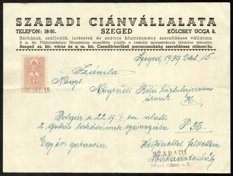 1939 Szeged, Szabadi Ciánvállalata fejléces számla, okmánybélyeggel