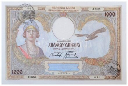 Jugoszlávia 1920-1929. 100D (5x), ebből 4x Karageorge, 1x I. Sándor vízjellel, közte egy hamis felülbélyegzés + 1931. 50D + 1931. 1000D + 1935. 500D + 1936. 20D nyomdahibás, halovány nyomat + 1939. 10D, mind olasz 'VERIFICATO'