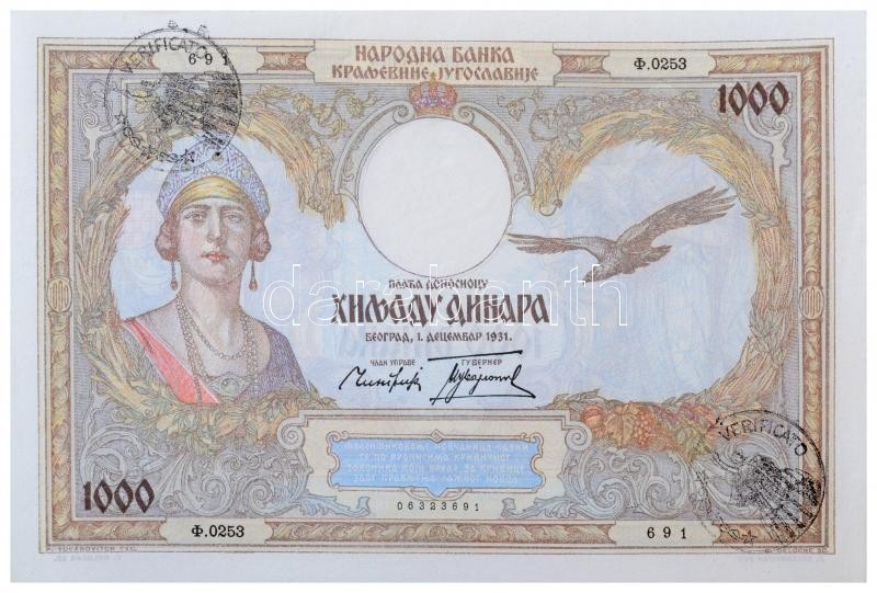Jugoszlávia 1920-1929. 100D (5x), ebből 4x Karageorge, 1x I. Sándor vízjellel, közte egy hamis felülbélyegzés + 1931. 50D + 1931. 1000D + 1935. 500D + 1936. 20D nyomdahibás, halovány nyomat + 1939. 10D, mind olasz 'VERIFICATO'