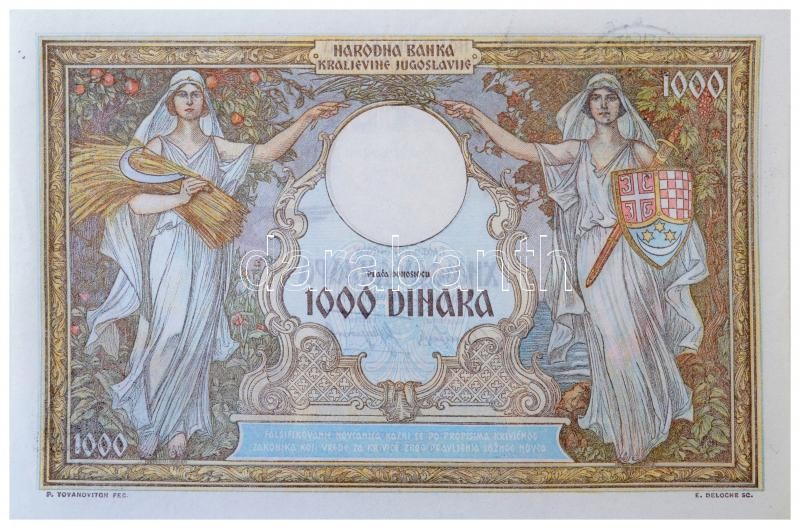 Jugoszlávia 1920-1929. 100D (5x), ebből 4x Karageorge, 1x I. Sándor vízjellel, közte egy hamis felülbélyegzés + 1931. 50D + 1931. 1000D + 1935. 500D + 1936. 20D nyomdahibás, halovány nyomat + 1939. 10D, mind olasz 'VERIFICATO' - Image 2