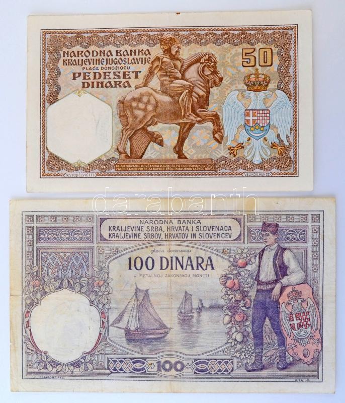 Jugoszlávia 1920-1929. 100D (5x), ebből 4x Karageorge, 1x I. Sándor vízjellel, közte egy hamis felülbélyegzés + 1931. 50D + 1931. 1000D + 1935. 500D + 1936. 20D nyomdahibás, halovány nyomat + 1939. 10D, mind olasz 'VERIFICATO' - Image 3