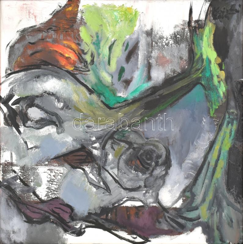 Krizbai Sándor (1949-): Elfajzott természet. Olaj, vászon. Jelezve jobbra fent: Krizbai 2014, hátoldalán autográf felirattal. Fa keretben. 60x60 cm. / Sándor Krizbai (1949-): Landscape. Oil on canvas, signed and dated (2014), with autograph