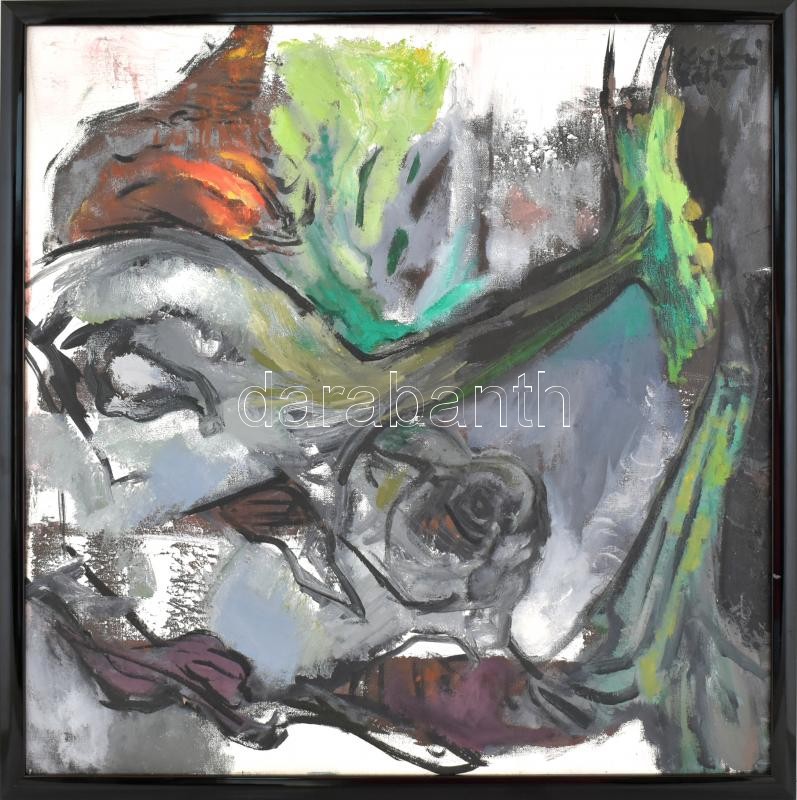 Krizbai Sándor (1949-): Elfajzott természet. Olaj, vászon. Jelezve jobbra fent: Krizbai 2014, hátoldalán autográf felirattal. Fa keretben. 60x60 cm. / Sándor Krizbai (1949-): Landscape. Oil on canvas, signed and dated (2014), with autograph - Image 2