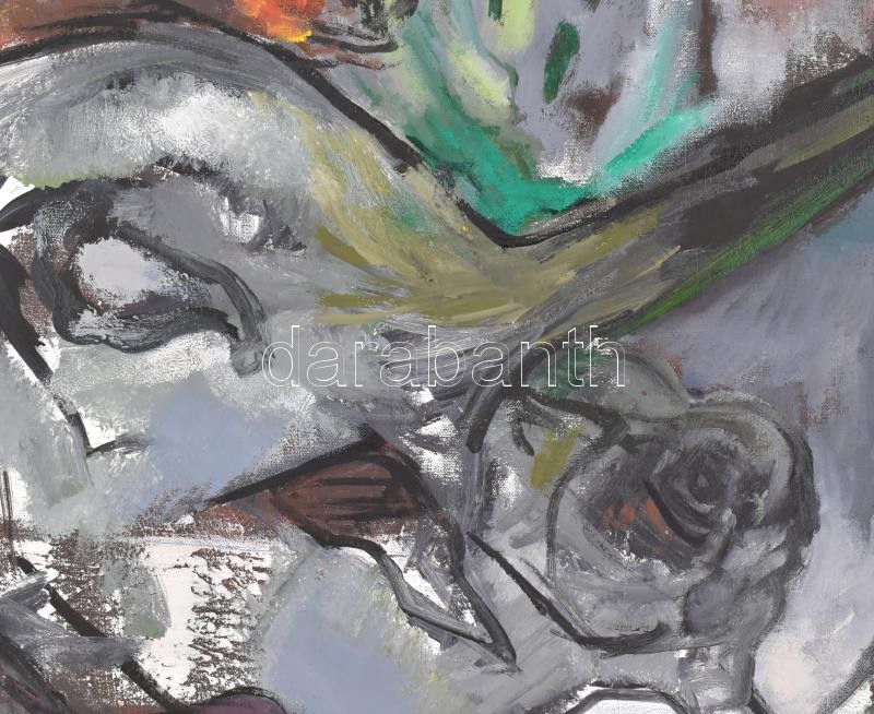 Krizbai Sándor (1949-): Elfajzott természet. Olaj, vászon. Jelezve jobbra fent: Krizbai 2014, hátoldalán autográf felirattal. Fa keretben. 60x60 cm. / Sándor Krizbai (1949-): Landscape. Oil on canvas, signed and dated (2014), with autograph - Image 4