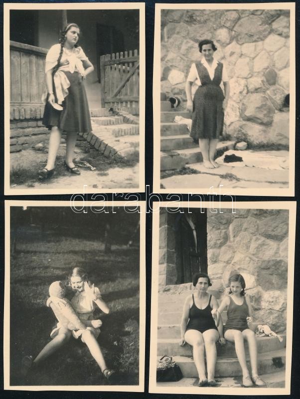 1947 Verőce, Kinszki Imréné, Kinszki Judit és Békés Magdi, 4 db feliratozott és datált vintage fotó, 6x4,4 cm