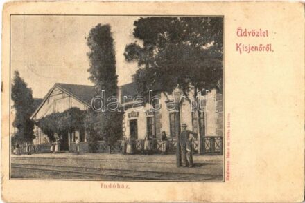 1902 Kisjenő, Chisineu-Cris; Indóház, vasútállomás. Kaufmann Manó és Társa kiadása / railway station + 'KÉTEGYHÁZA - ÚJ-SZENT-ANNA 125. SZ.' vasúti mozgóposta bélyegző (kopott sarkak / worn corners)