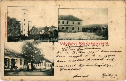 1901 Körösbánya, Baia de Cris; Római katolikus templom, Járásbíróság, üzlet. Cotioiu Romulus kiadása / church, county court, shop (EB)