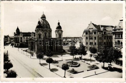 1940 Marosvásárhely, Targu Mures; templom, Albina bank, utca / street view, church, bank. photo