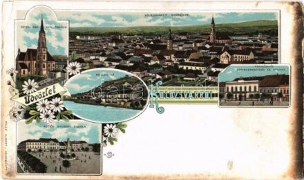 Kolozsvár, Cluj; Fő téri római katolikus templom, Fellegvár, tanácsház, papírkereskedés és nyomda. Polcz Albert kiadása / church, castle hill, town hall, paper and printing shop. Art Nouveau, floral, litho (EK)