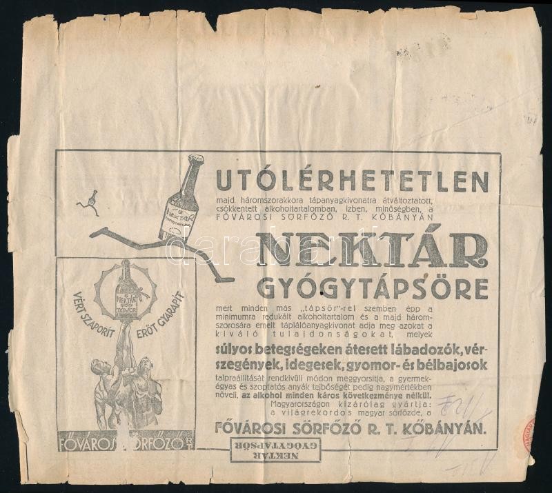 1940 Távirat Klein Ármin vásárcsarnokba, Nektár gyógysör reklámmal szakadozott