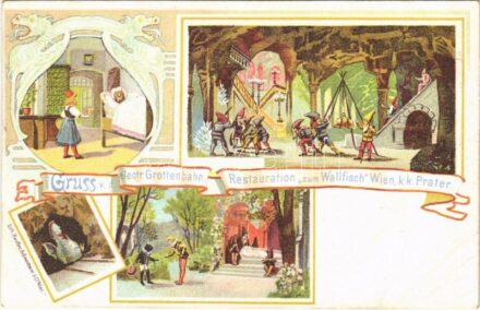 Wien, Vienna, Bécs; Gruss v. d. electr. Grottenbahn. Restauration 'zum Wallfisch' Wien k.k. Prater / amusement park. Art Nouveau, litho (EB)