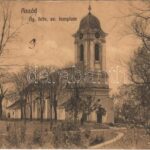 1915 Aszód, Evangélikus templom. Petőfi nyomda kiadása + 'KASSA - BUDAPEST 10. SZ.' vasúti mozgóposta bélyegző (r)