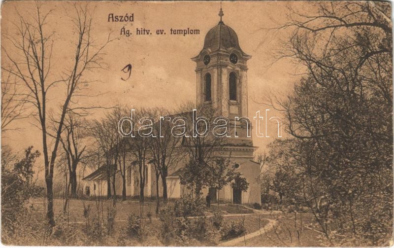 1915 Aszód, Evangélikus templom. Petőfi nyomda kiadása + 'KASSA - BUDAPEST 10. SZ.' vasúti mozgóposta bélyegző (r)