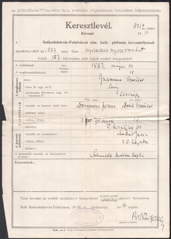 1913-14 4 db keresztlevél Perkáta, Székesfehérvár, Sárkeresztúr. vegyes állapotban - Image 2