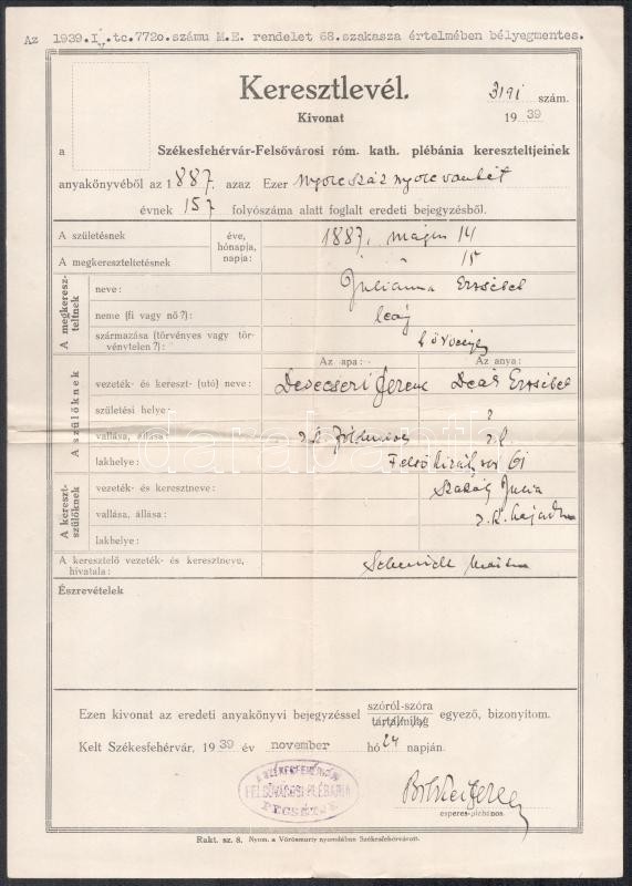 1913-14 4 db keresztlevél Perkáta, Székesfehérvár, Sárkeresztúr. vegyes állapotban - Image 3