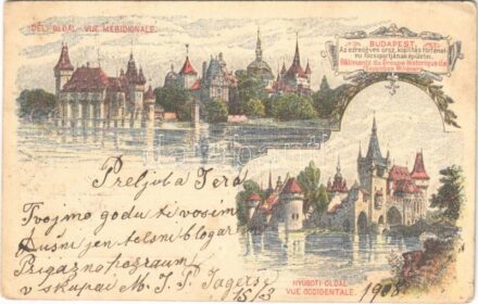 1908 Budapest XIV. Ezredéves Országos Kiállítás történelmi főcsoportjának épületei, Déli és nyugati oldal, piros 5 Kr Ga. s: Morelli, Dörre T. (Rb)