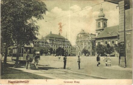 Nagyszeben, Hermannstadt, Sibiu; Grosser Ring / tér, villamos. Lichtdruck v. Jos. Drotleff / square, street view, tram (fl)