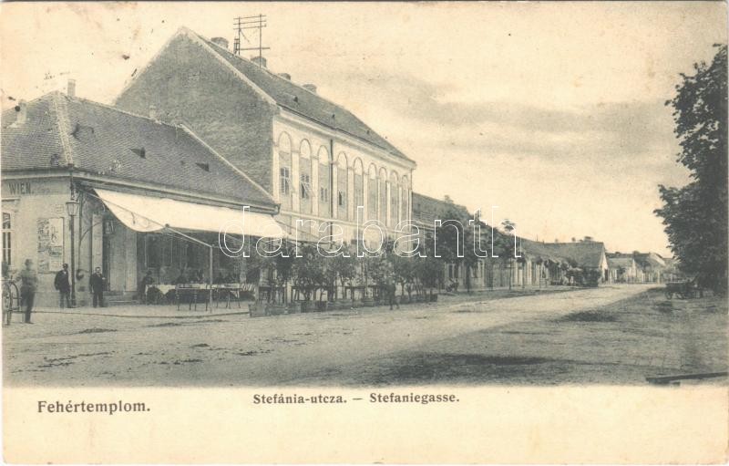1906 Fehértemplom, Ung. Weisskirchen, Bela Crkva; Stefánia utca, vendéglő és kávéház 'Wien' (?) / street, restaurant and cafe (Rb)