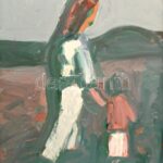 Schéner Mihály (1923-2009): Séta a parkban. Olaj, farost, jelzett. Hátoldalán autográf felirattal. Fa keretben, 70×50 cm