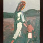 Schéner Mihály (1923-2009): Séta a parkban. Olaj, farost, jelzett. Hátoldalán autográf felirattal. Fa keretben, 70×50 cm - Image 2