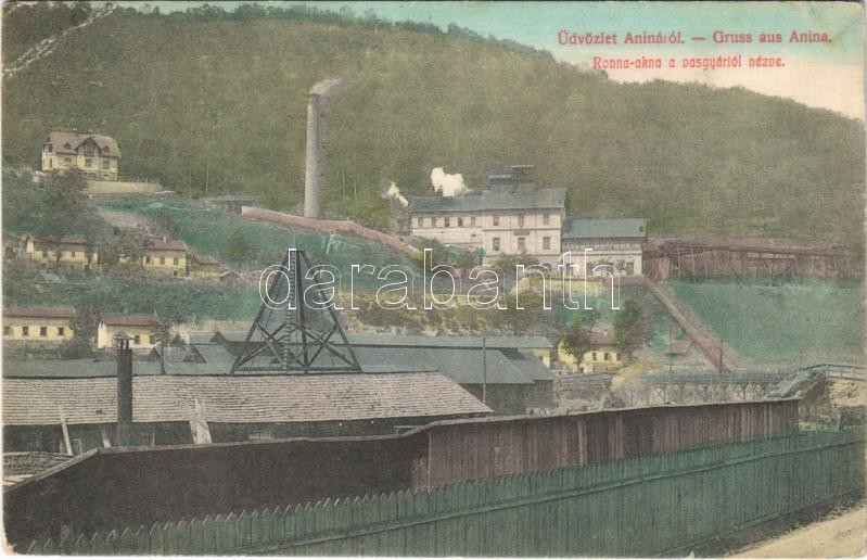 Anina, Stájerlakanina, Stájerlak, Steierdorf; Ronna akna a vasgyártól nézve. Hollschütz / mine, iron works, factory (EK)